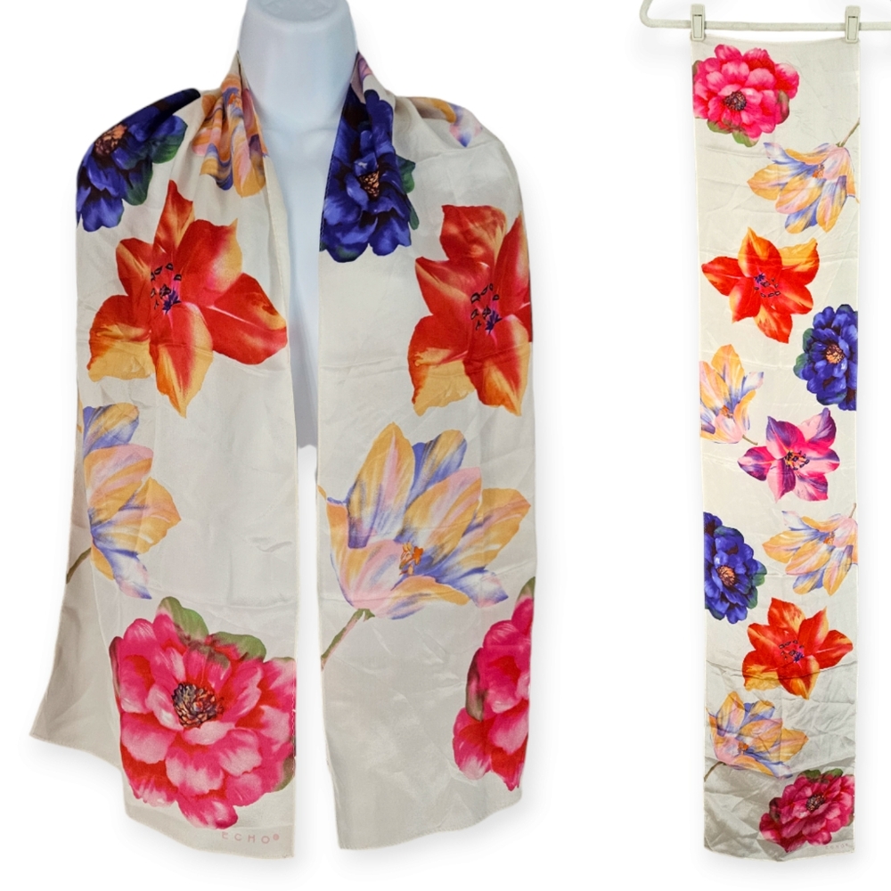 Echo white pink purple yellow orange silk floral scarf Womens One Size